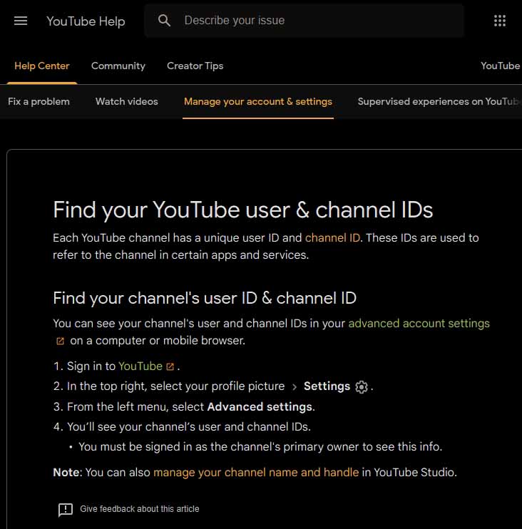 YouTube Help Page